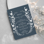 Menu Fleur sauvage de la marine Silhouette Mariage de c<br><div class="desc">Ce menu de mariage élégant présente une silhouette fleur sauvage comme une couronne et des initiales sur le dos. Pour une personnalisation plus avancée de cette conception,  cliquez sur le BOUTON OUTIL DESIGN BLEU ci-dessus ! Des articles correspondants sont également disponibles.</div>