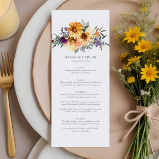 Menu Fleur sauvage de tournesol rustique Mariage jaune 