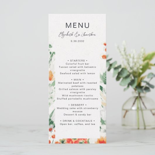 Menu Fleur sauvage d'été mariage à fleurs vert orange (Debout devant)