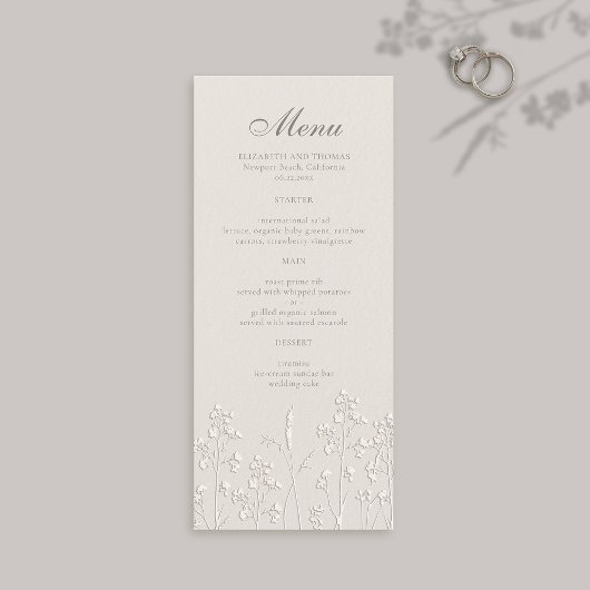 Menu Fleur sauvage Ecru Faux Embossé Mariage officiel