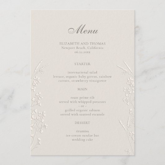 Menu Fleur sauvage Ecru Faux Mariage classique Embossé (Devant)