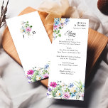 Menu Fleur sauvage Jardin coloré Floral Monogramme Mari<br><div class="desc">menu mariage fleur sauvage avec bordure florale aquarelle, monogramme en couple et typographie élégante. Aquarelle design floral avec fleurs sauvages et verdure dans les tons de rose bleu perwinkle lavande vert et magenta. Moderne, joliment vibrant et coloré, ce jardin botanique fleuri possède le charme et la romance d'une prairie bohème...</div>