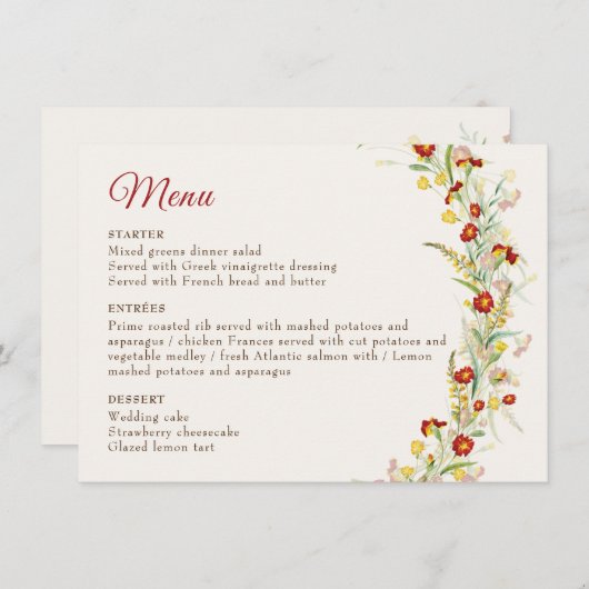 Menu Fleur sauvage Jaune Marigold Mariage de feuillage (Devant / Derrière)