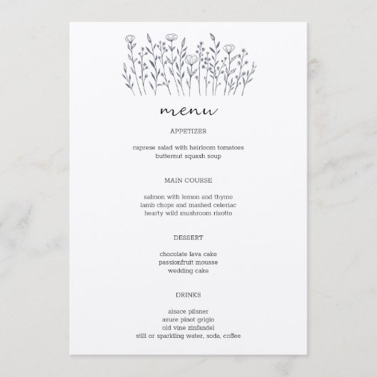 Menu Fleur sauvage Line Art Elegant Moderne Rustique PE (Devant)