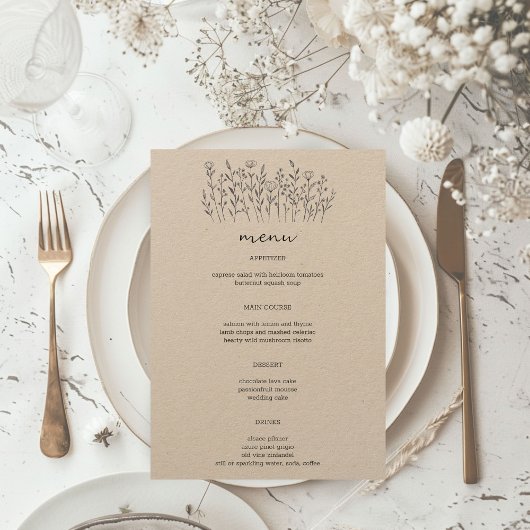 Menu Fleur sauvage Line Art Elegant Moderne Rustique PE