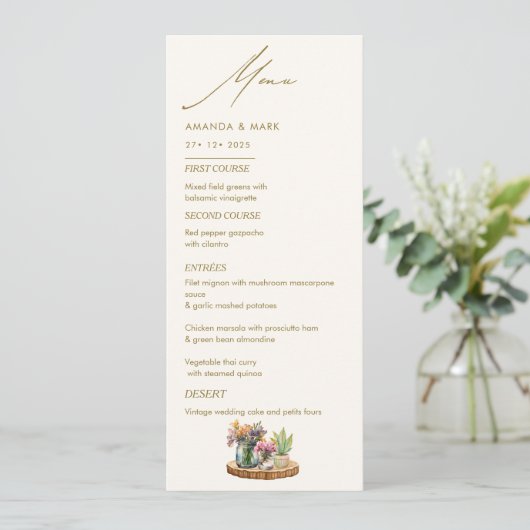 Menu Fleur sauvage Mason Jar Boho Mariage bohème (Debout devant)