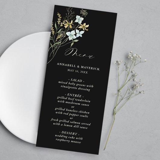 Menu Fleur sauvage noir Delicate moderne Boho Mariage