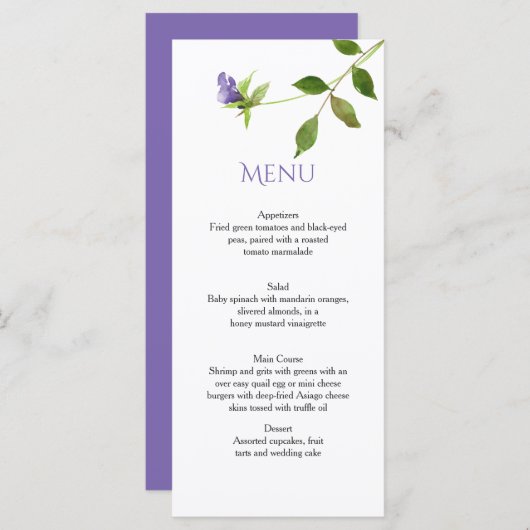 Menu Fleur sauvage pourpre Blossoms Feuilles verts Cart (Devant / Derrière)