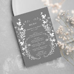 Menu Fleur sauvage Silhouette Wreath Mariage Grey<br><div class="desc">Ce menu de mariage élégant présente une silhouette fleur sauvage comme une couronne et des initiales sur le dos. Pour une personnalisation plus avancée de cette conception,  cliquez sur le BOUTON OUTIL DESIGN BLEU ci-dessus ! Des articles correspondants sont également disponibles.</div>