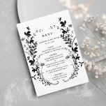 Menu Fleur sauvage Silhouette Wreath Mariage noir et bl<br><div class="desc">Ce menu de mariage élégant présente une silhouette fleur sauvage comme une couronne et des initiales sur le dos. Pour une personnalisation plus avancée de cette conception,  cliquez sur le BOUTON OUTIL DESIGN BLEU ci-dessus ! Des articles correspondants sont également disponibles.</div>