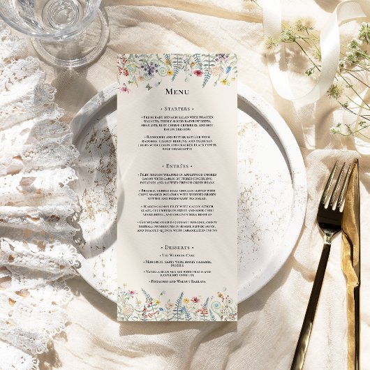 Menu Fleur sauvage simple Fern Mariage beige plat