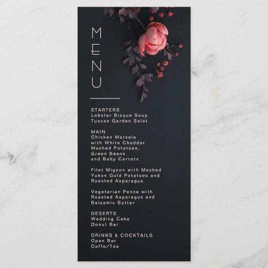 Menu Fleurs 3D Rose Sombre Romantique Mariage (Devant)