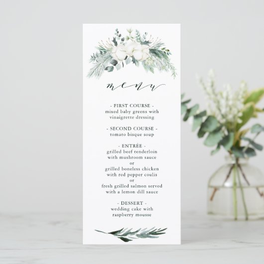 Menu Fleurs à feuillage persistant et coton Mariage élé (Debout devant)