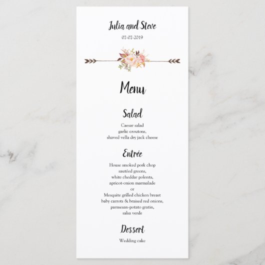 Menu Fleurs aquarelles bohèmes Élégant Rackcard boho (Devant)