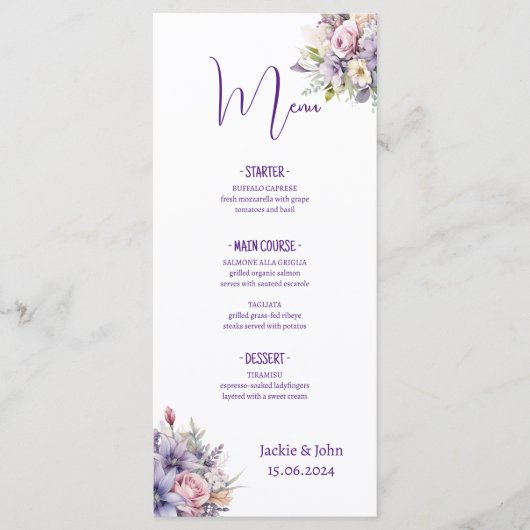 Menu Fleurs aquarelles. Mariage. (Devant)