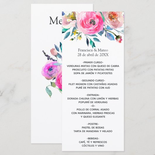 Menu Fleurs aquarelles rose vif (Devant / Derrière)
