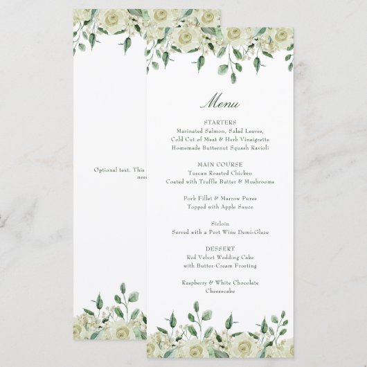 Menu Fleurs Blanches Élégantes Feuillage Baptême (Devant / Derrière)