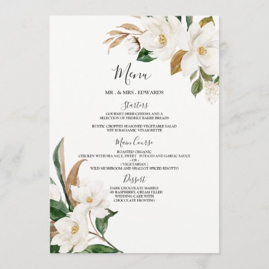 Menu Fleurs blanches élégantes Mariage ou dîner (Devant)