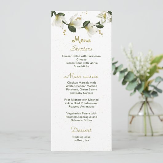 Menu fleurs blanches et dorées mariage (Debout devant)