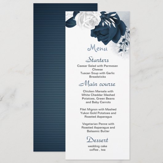 Menu fleurs blanches et marines belle mariage (Devant / Derrière)