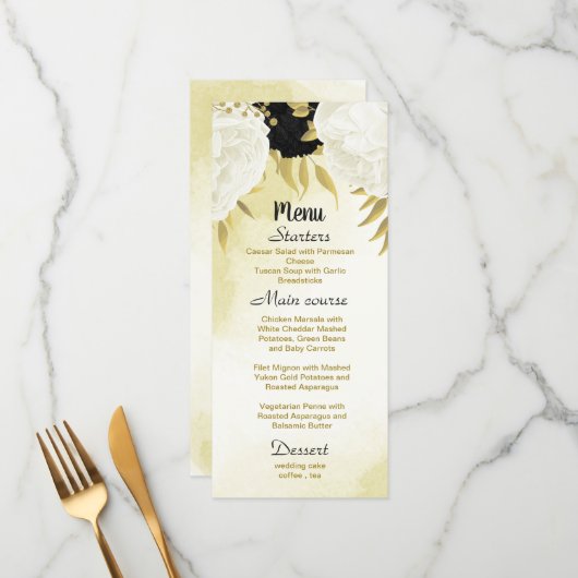Menu fleurs blanches noires or feuille mariage (Devant/Arrière en situation)