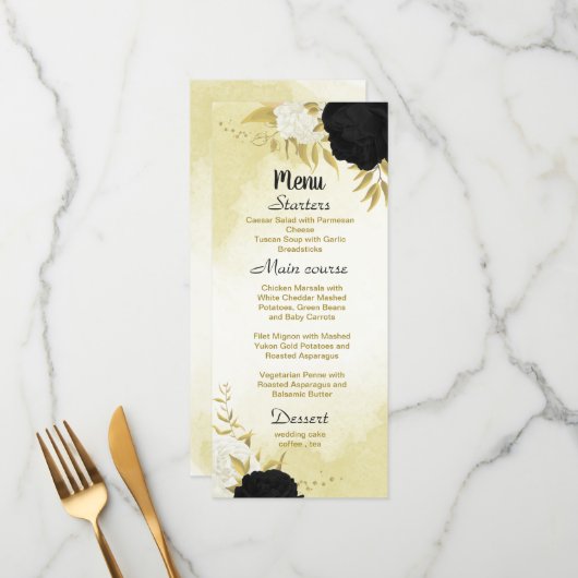 Menu fleurs blanches noires or feuille mariage (Devant/Arrière en situation)