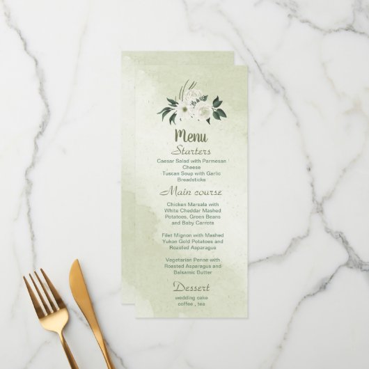 Menu fleurs blanches romantiques avec feuilles verts (Devant/Arrière en situation)