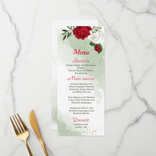 Menu fleurs blanches rouges mariage (Devant/Arrière en situation)