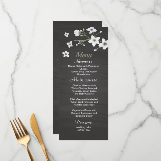 Menu fleurs blanches verdure mariage noir (Devant/Arrière en situation)