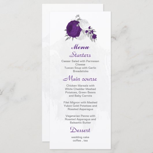 Menu fleurs blanches violettes argent mariage botanique (Devant / Derrière)
