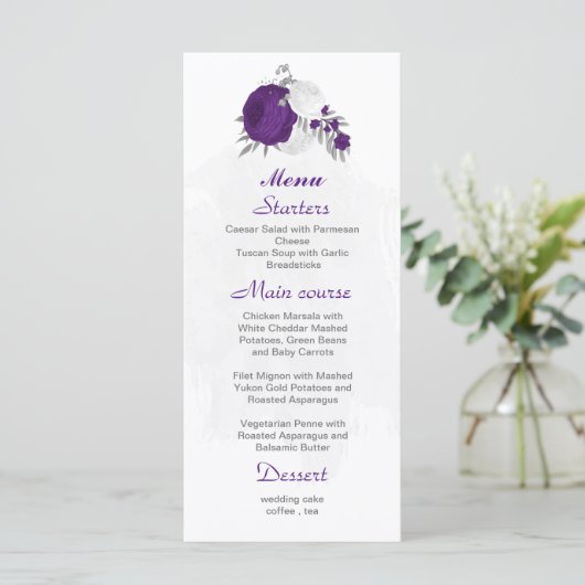 Menu fleurs blanches violettes argent mariage botanique (Debout devant)