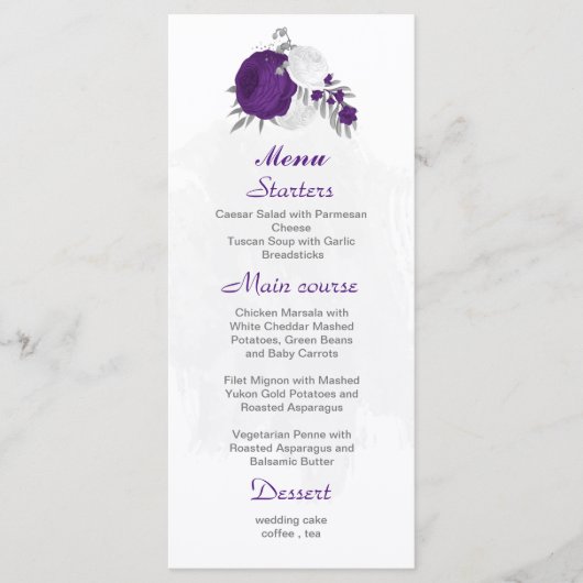Menu fleurs blanches violettes argent mariage botanique (Devant)