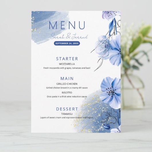 Menu Fleurs bleu aquarelle (Debout devant)