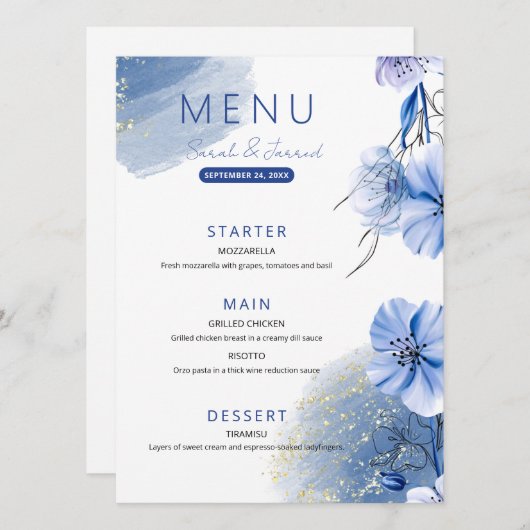 Menu Fleurs bleu aquarelle (Devant / Derrière)