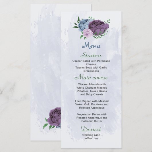 Menu Fleurs bleu pourpre vert feuille mariage (Devant / Derrière)