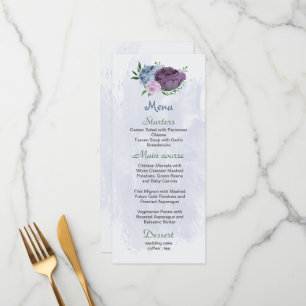 Menu Fleurs bleu pourpre vert feuille mariage