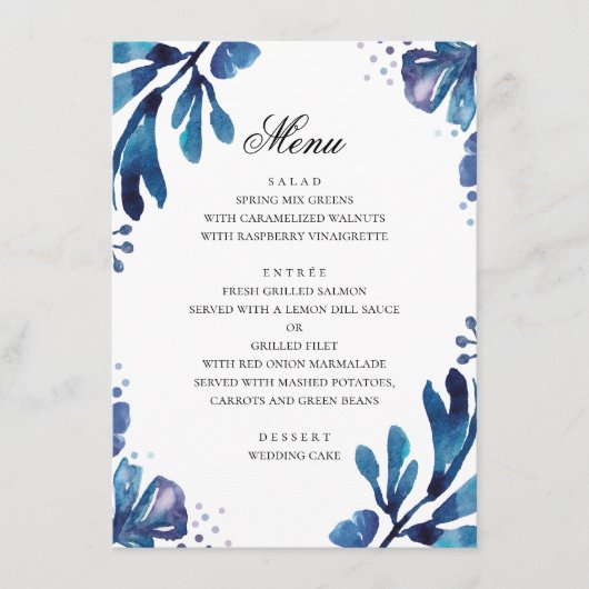 Menu Fleurs bleues à l'aquarelle. Mariage botanique mar (Devant)