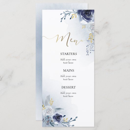 Menu fleurs bleues aquarelle (Devant / Derrière)