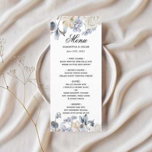 Menu Fleurs Bleues Et Blancs D'Hiver Élégantes
