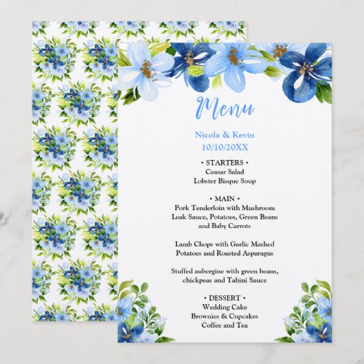 Menu Fleurs bleues et navy avec feuillage (Devant / Derrière)