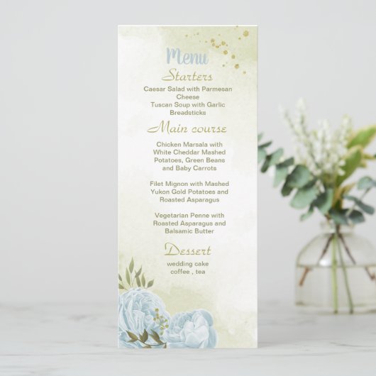 Menu fleurs bleues mariage (Debout devant)