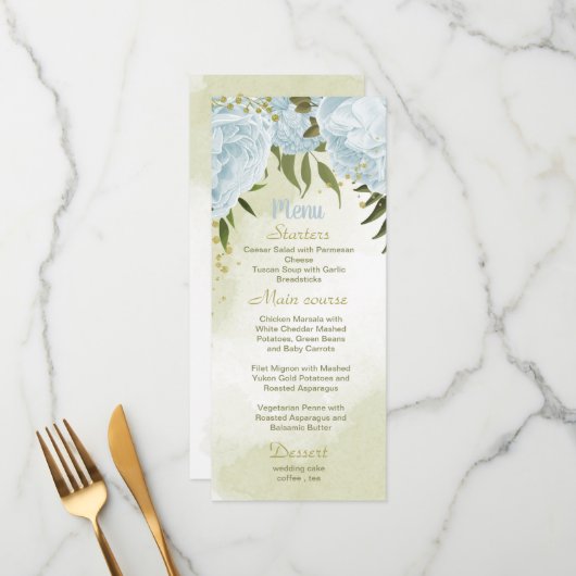 Menu fleurs bleues mariage (Devant/Arrière en situation)