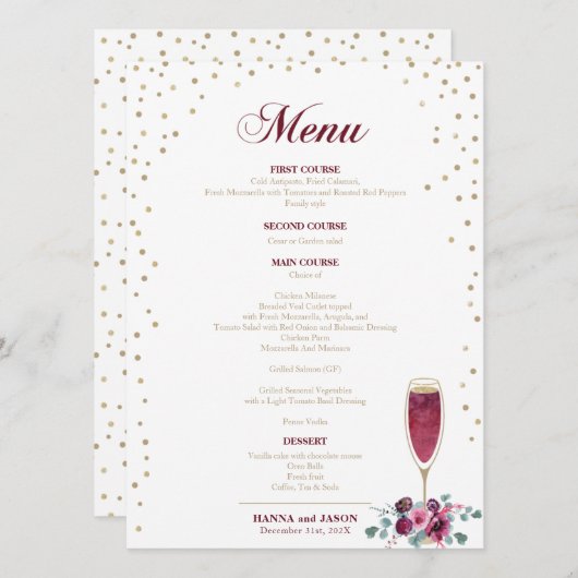 Menu Fleurs bordeaux pailleté Or Elégant (Devant / Derrière)