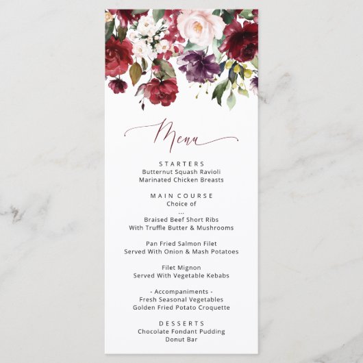 Menu Fleurs Bourgogne, Fleurs roses, Verdure, Mariage (Devant)