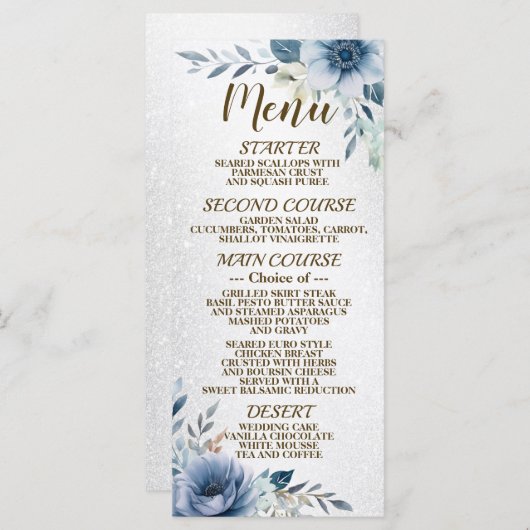 Menu Fleurs d'aquarelle bleu pâle de fête Silver brilla (Devant / Derrière)
