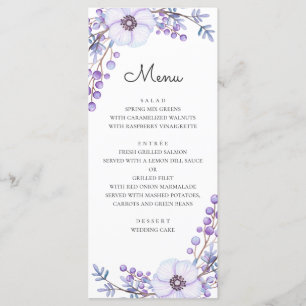 Menu Fleurs d'aquarelle violet. Mariage floral violet