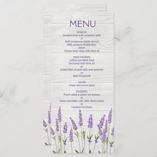 Menu Fleurs de lavande violette sur le Mariage de bois  (Devant / Derrière)