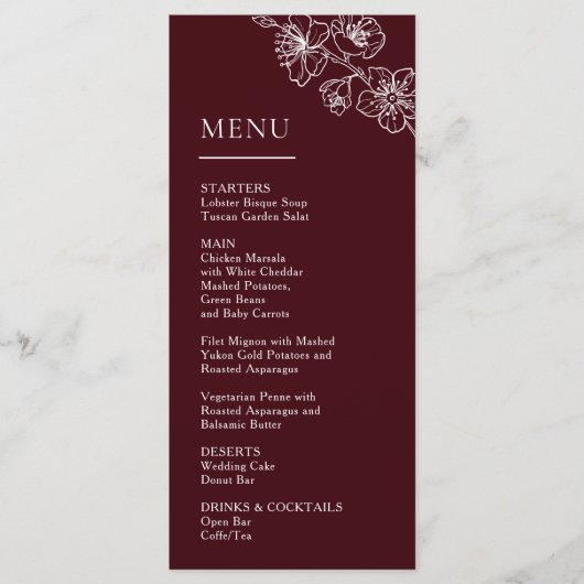 Menu Fleurs de ligne blanche Mariage bordeaux profond (Devant)