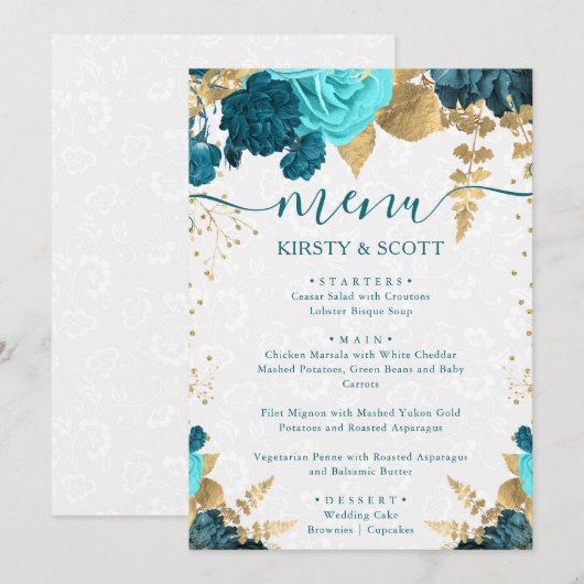 Menu Fleurs de mariage à l'aquarelle sarcelle et or (Devant / Derrière)