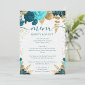 Menu Fleurs de mariage à l'aquarelle sarcelle et or (Debout devant)